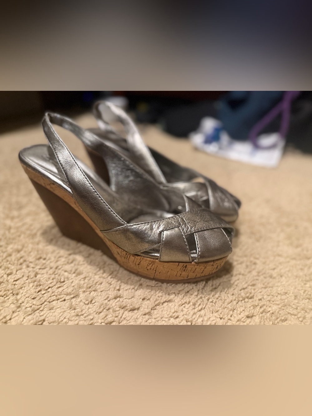 Pelle Moda Silver Metallic Cork Wedge Slingback Sandals